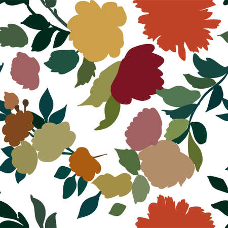 Silhouettes of different flowers and leaves hand drawn.Vector floral seamless background pattern for wallpaper, textile prints, fabric.のイラスト素材