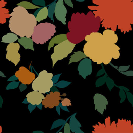 Silhouettes of different flowers and leaves hand drawn.Vector floral seamless background pattern for wallpaper, textile prints, fabric.のイラスト素材