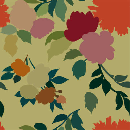 Silhouettes of different flowers and leaves hand drawn.Vector floral seamless background pattern for wallpaper, textile prints, fabric.のイラスト素材