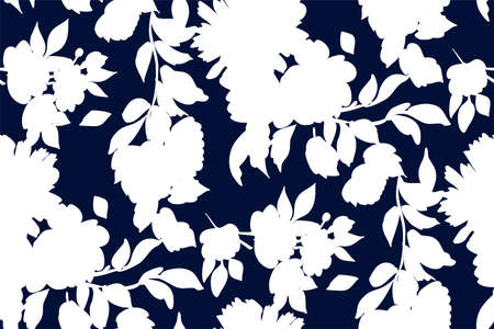 Silhouettes of different flowers and leaves hand drawn.Vector floral seamless background pattern for wallpaper, textile prints, fabric.のイラスト素材