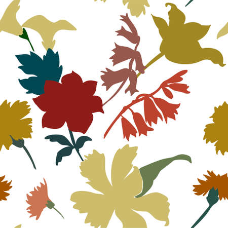 Silhouettes of different flowers and leaves hand drawn.Vector floral seamless background pattern for wallpaper, textile prints, fabric.のイラスト素材
