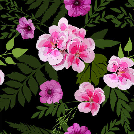 Floral seamless background pattern with different flowers and leaves. Botanical illustration  hand drawn. Textile print, fabric swatch, wrapping paper.のイラスト素材