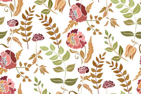 Silhouettes of different flowers and leaves hand drawn.Vector floral seamless background pattern for wallpaper, textile prints, fabric.のイラスト素材