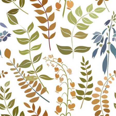 Silhouettes of different flowers and leaves hand drawn. Vector floral seamless background pattern in retro style for wallpaper, textile prints, fabric.のイラスト素材