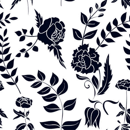Silhouettes of different flowers and leaves hand drawn.Vector floral seamless background pattern for wallpaper, textile prints, fabric.のイラスト素材