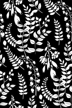 Silhouettes of different flowers and leaves hand drawn. Vector floral seamless background pattern in retro style for wallpaper, textile prints, fabric.のイラスト素材