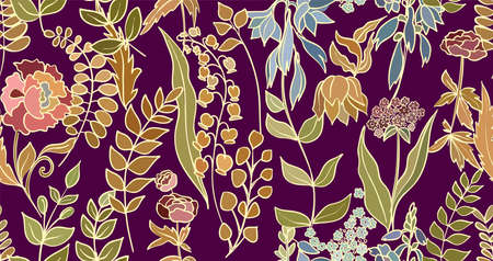 Silhouettes of different flowers and leaves hand drawn.Vector floral seamless background pattern for wallpaper, textile prints, fabric.のイラスト素材