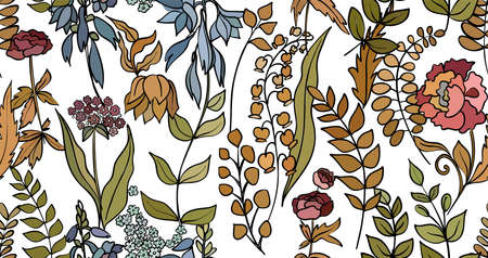 Silhouettes of different flowers and leaves hand drawn.Vector floral seamless background pattern for wallpaper, textile prints, fabric.のイラスト素材