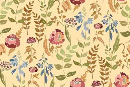 Silhouettes of different flowers and leaves hand drawn.Vector floral seamless background pattern for wallpaper, textile prints, fabric.のイラスト素材