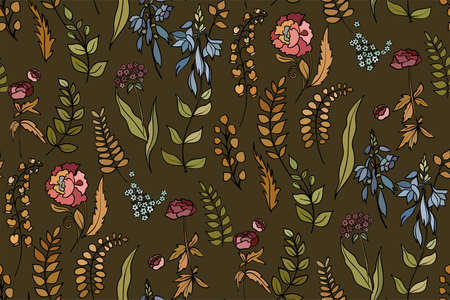 Silhouettes of different flowers and leaves hand drawn.Vector floral seamless background pattern for wallpaper, textile prints, fabric.のイラスト素材