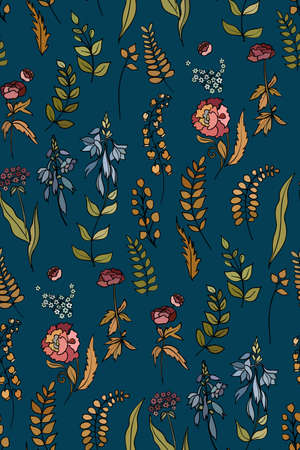 Silhouettes of different flowers and leaves hand drawn.Vector floral seamless background pattern for wallpaper, textile prints, fabric.のイラスト素材