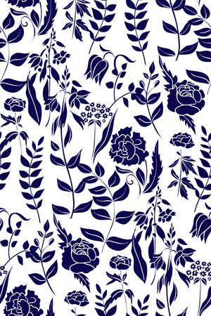 Silhouettes of different flowers and leaves hand drawn.Vector floral seamless background pattern for wallpaper, textile prints, fabric.のイラスト素材