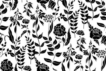 Silhouettes of different flowers and leaves hand drawn.Vector floral seamless background pattern for wallpaper, textile prints, fabric.のイラスト素材