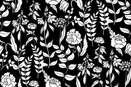 Silhouettes of different flowers and leaves hand drawn.Vector floral seamless background pattern for wallpaper, textile prints, fabric.のイラスト素材