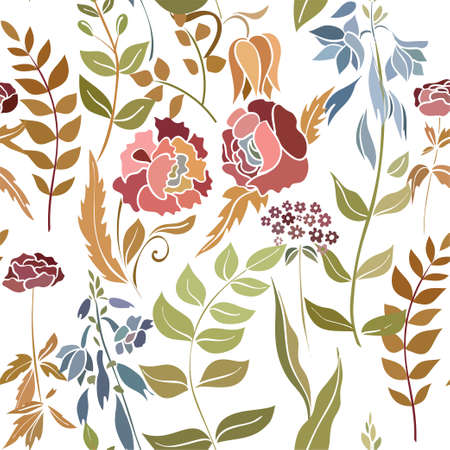 Silhouettes of different flowers and leaves hand drawn.Vector floral seamless background pattern for wallpaper, textile prints, fabric.のイラスト素材