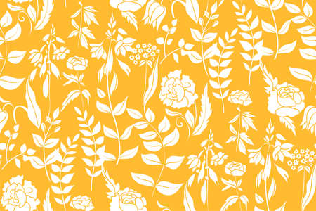Silhouettes of different flowers and leaves hand drawn.Vector floral seamless background pattern for wallpaper, textile prints, fabric.のイラスト素材