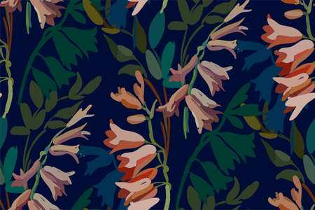 Vintage floral seamless background pattern. Blooming garden bell flowers. Vector illustration in hand drawn style.のイラスト素材