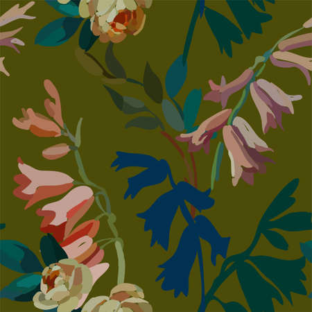Vintage floral seamless background pattern. Blooming garden bell flowers. Vector illustration in hand drawn style.のイラスト素材