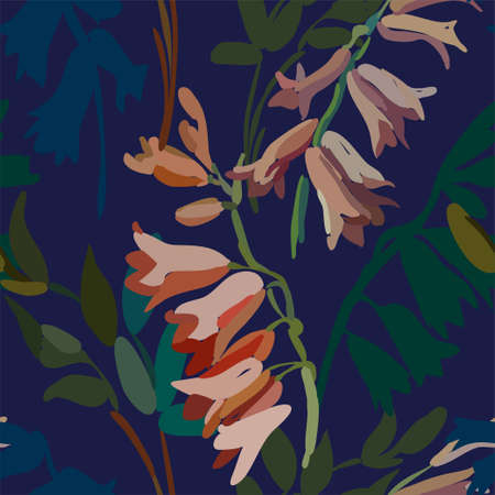 Vintage floral seamless background pattern. Blooming garden bell flowers. Vector illustration in hand drawn style.のイラスト素材