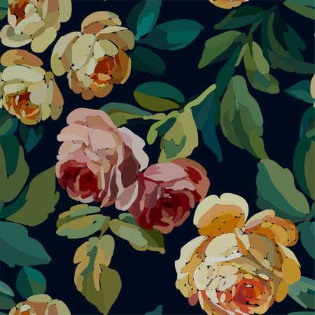 Vintage floral seamless background pattern. Blooming garden flowers. Vector illustration in hand drawn style.のイラスト素材