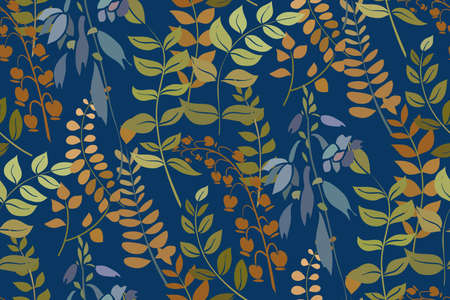 Silhouettes of different flowers and leaves hand drawn. Vector floral seamless background pattern in retro style for wallpaper, textile prints, fabric.のイラスト素材