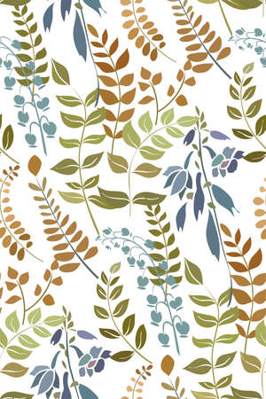 Silhouettes of different flowers and leaves hand drawn. Vector floral seamless background pattern in retro style for wallpaper, textile prints, fabric.のイラスト素材