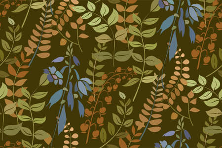 Silhouettes of different flowers and leaves hand drawn. Vector floral seamless background pattern in retro style for wallpaper, textile prints, fabric.のイラスト素材