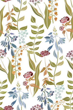 Silhouettes of different flowers and leaves hand drawn. Vector floral seamless background pattern in retro style for wallpaper, textile prints, fabric.のイラスト素材