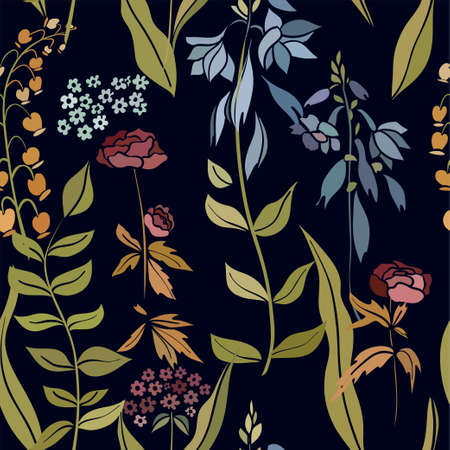 Silhouettes of different flowers and leaves hand drawn. Vector floral seamless background pattern in retro style for wallpaper, textile prints, fabric.のイラスト素材