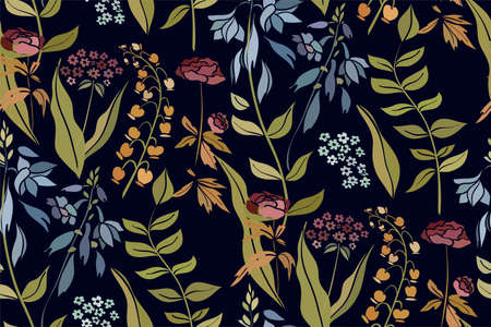 Silhouettes of different flowers and leaves hand drawn. Vector floral seamless background pattern in retro style for wallpaper, textile prints, fabric.のイラスト素材