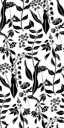 Silhouettes of different flowers and leaves hand drawn. Vector floral seamless background pattern in retro style for wallpaper, textile prints, fabric.のイラスト素材