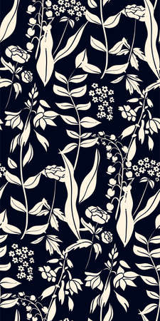 Silhouettes of different flowers and leaves hand drawn. Vector floral seamless background pattern in retro style for wallpaper, textile prints, fabric.のイラスト素材