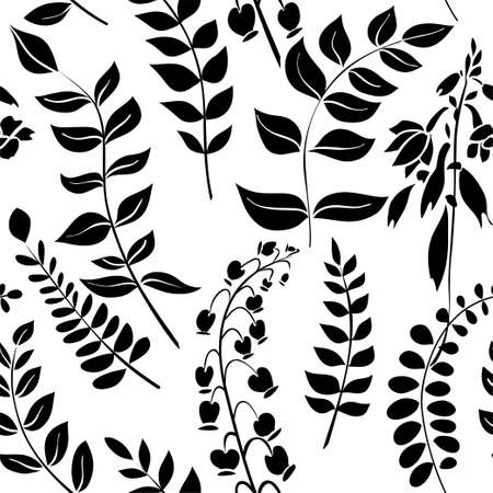Silhouettes of different flowers and leaves hand drawn. Vector floral seamless background pattern in retro style for wallpaper, textile prints, fabric.のイラスト素材