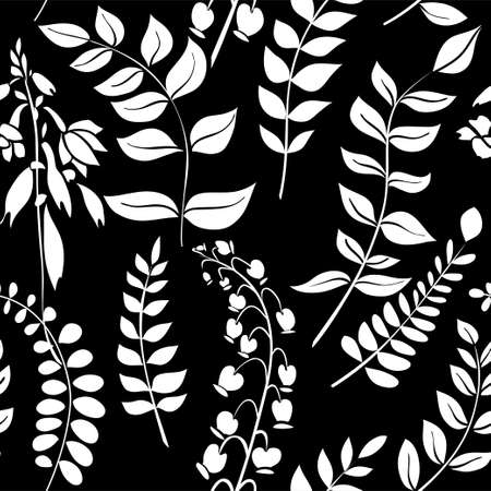 Silhouettes of different flowers and leaves hand drawn. Vector floral seamless background pattern in retro style for wallpaper, textile prints, fabric.のイラスト素材