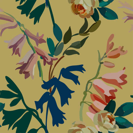 Vintage floral seamless background pattern. Blooming garden bell flowers. Vector illustration in hand drawn style.のイラスト素材