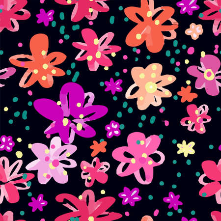 Colourful flowers seamless background pattern . Vector illustration hand drawn.  spring summer season.のイラスト素材