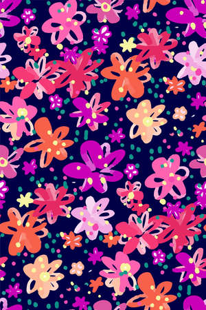 Colourful flowers seamless background pattern . Vector illustration hand drawn.  spring summer season.のイラスト素材