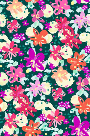 Colourful flowers seamless background pattern . Vector illustration hand drawn.  spring summer season.のイラスト素材