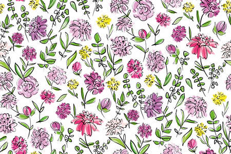 Floral seamless background pattern. Colorful spring flowers hand drawn, vector. Spring summer. Fabric swatch, textile design,wrapping, paperのイラスト素材