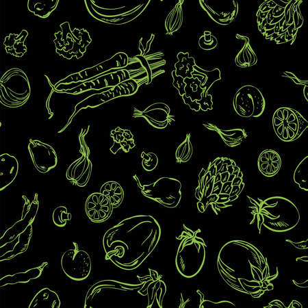 Fresh vegetables sketch background, vector seamless pattern hand drawn.  Line art. Food illustration for shop. Natural food.のイラスト素材