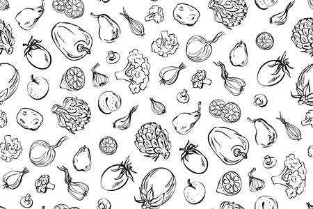 Fresh vegetables sketch background, vector seamless pattern hand drawn.  Line art. Food illustration for shop. Natural food.のイラスト素材
