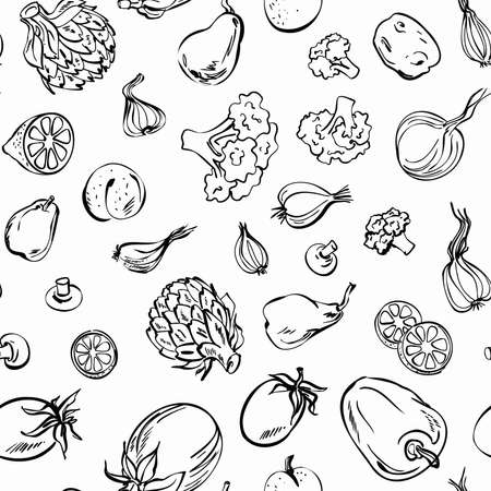 Fresh vegetables sketch background, vector seamless pattern hand drawn.  Line art. Food illustration for shop. Natural food.のイラスト素材