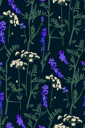 Floral seamless pattern with different flowers and leaves. Botanical illustration hand painted. Textile print, fabric swatch, wrapping paper.のイラスト素材