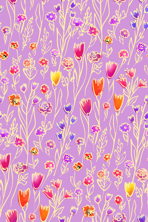 Floral seamless pattern with different flowers and leaves. Botanical illustration hand painted. Textile print, fabric swatch, wrapping paper.のイラスト素材