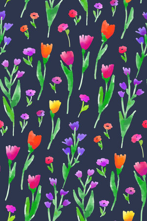 Floral seamless pattern with different flowers and leaves. Botanical illustration hand painted. Textile print, fabric swatch, wrapping paper.のイラスト素材