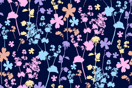 Floral seamless background pattern. Wild flowers hand drawn, vector. Spring summer. Fabric swatch, textile design, wrapping paperのイラスト素材