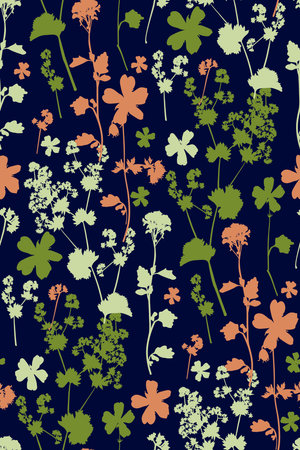 Floral seamless background pattern. Wild flowers hand drawn, vector. Spring summer. Fabric swatch, textile design, wrapping paperのイラスト素材