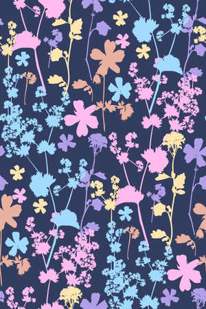 Floral seamless background pattern. Wild flowers hand drawn, vector. Spring summer. Fabric swatch, textile design, wrapping paperのイラスト素材