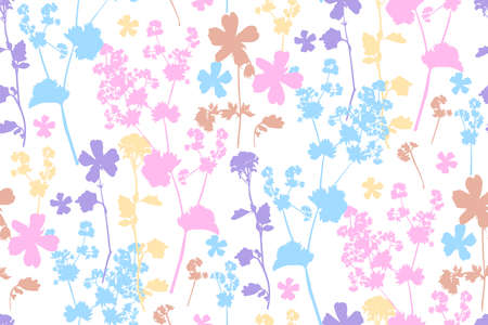 Floral seamless background pattern. Wild flowers hand drawn, vector. Spring summer. Fabric swatch, textile design, wrapping paperのイラスト素材