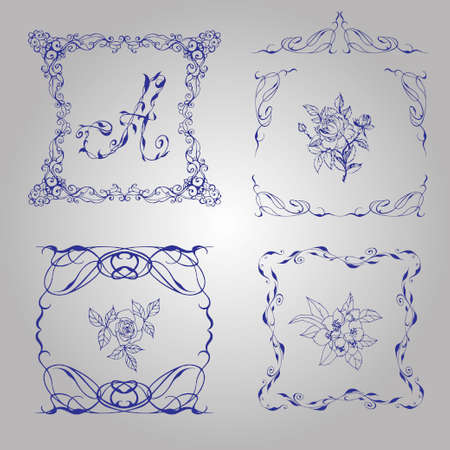 Vintage vector set of calligraphic floral elements, frames and page decoration,のイラスト素材
